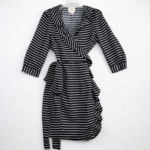 kate spade Dresses & Skirts - Kate Spade New York Silk Wrap Dress Black White‎ Striped Ruffle Size 8